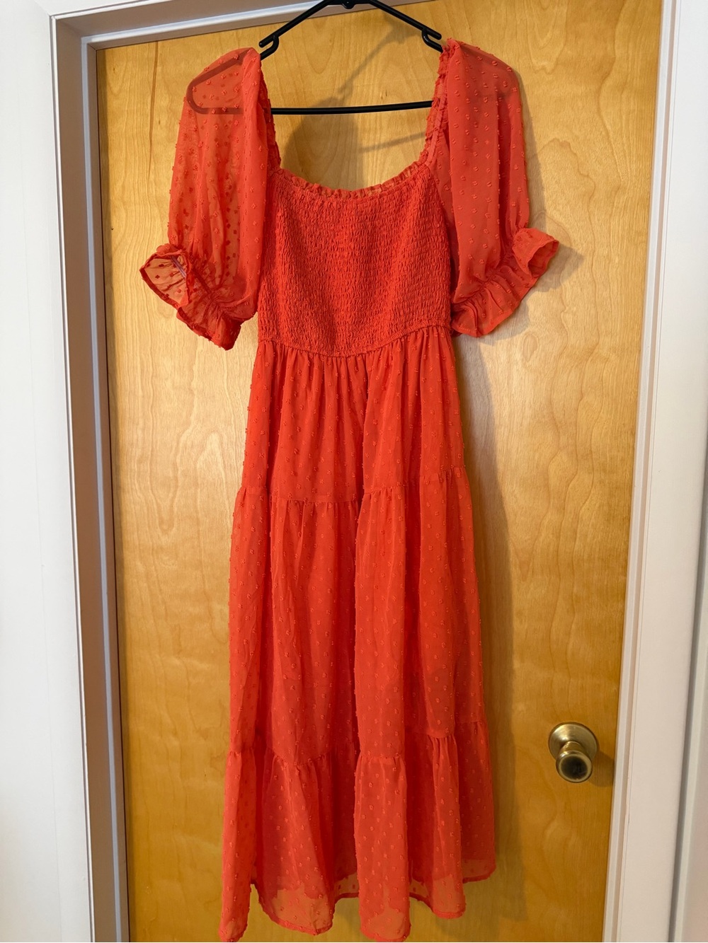 Red Puff-Sleeve Maxi Dress with Smocked Bodice